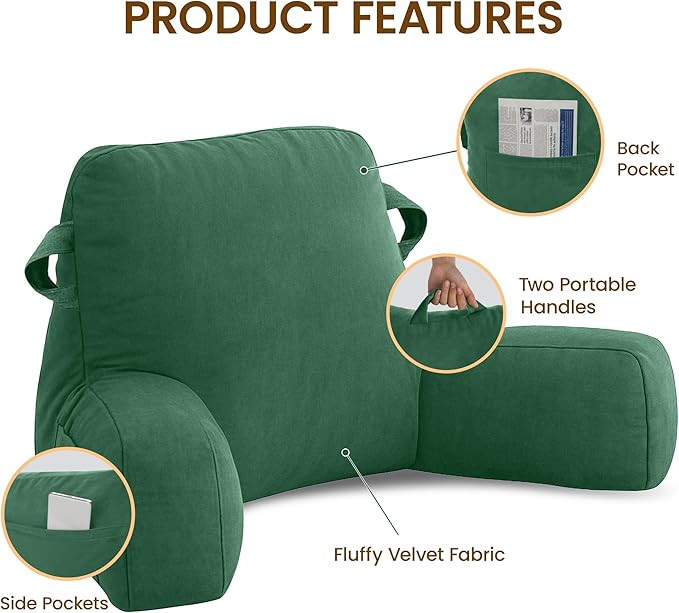 Unisakey Portable Comfy Reading Pillows for Bed Sitting Up(Green Oeko-Tex), Velvet Back Pillow with Arms & Pockets for Adults, Support Memory Foam Bed Pillow for Dorm/Reading/Watching/Gaming