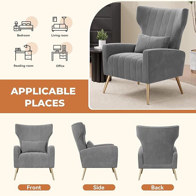 Nalupatio Modern Accent Chairs for Set of 4 Upholstered Velvet Fabric Reading Chair Mid Century Arm Chair Comfy Armchair for Living Room,Grey