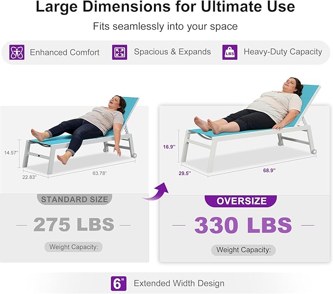 PURPLE LEAF Outdoor Oversized Chaise Lounge Set for Tall & Strong Individuals Adjustable Recliner Extra Wide Lounge Chairs with Side Table for Poolside Beach Patio Aluminum Chaise Lounger Blue
