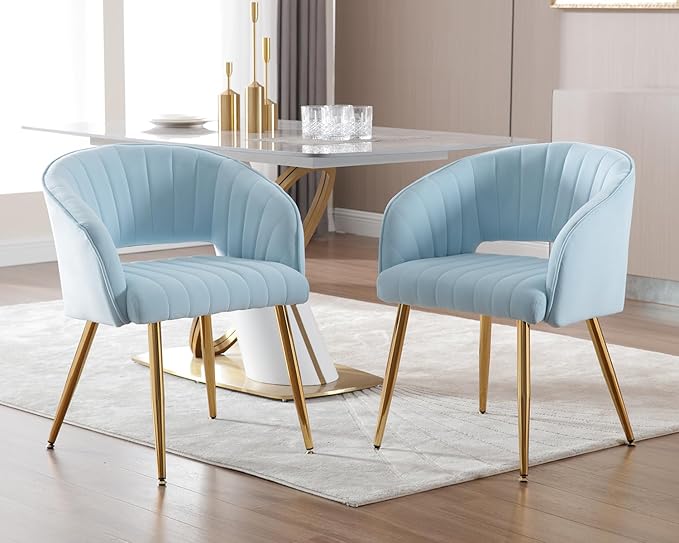 KCC Modern Accent Dining Chairs Set of 4, Upholstered Velvet Dining Room Chairs with Hollow Back, Tufted Kitchen Chairs Side Chairs with Gold Metal Legs for Living Room Restaurant, Baby Blue