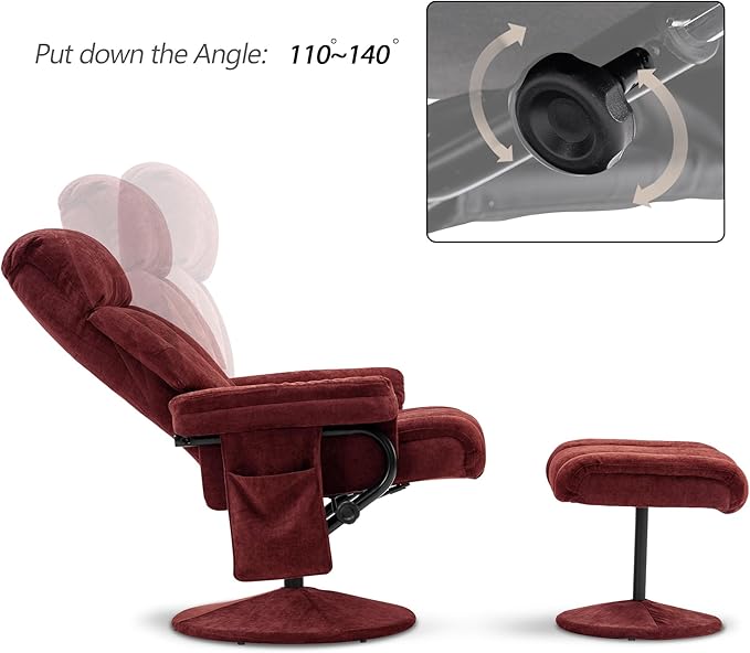 MCombo Swivel Recliner with Ottoman, TV Chair with Vibration Massage, Ideal for RV Small Space, Living Room & Bedroom 4828 (Textile, Burgundy)
