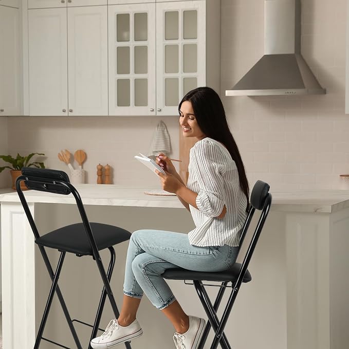 Thyle 2 Pcs Folding Bar Stool with Backrest, Tall Foldable Stool Chair Portable High Folding Bar Chair Counter Height Seat Leather Padded for Kitchen Island Shop Cafe Dining Room Black (29.5 Inch)