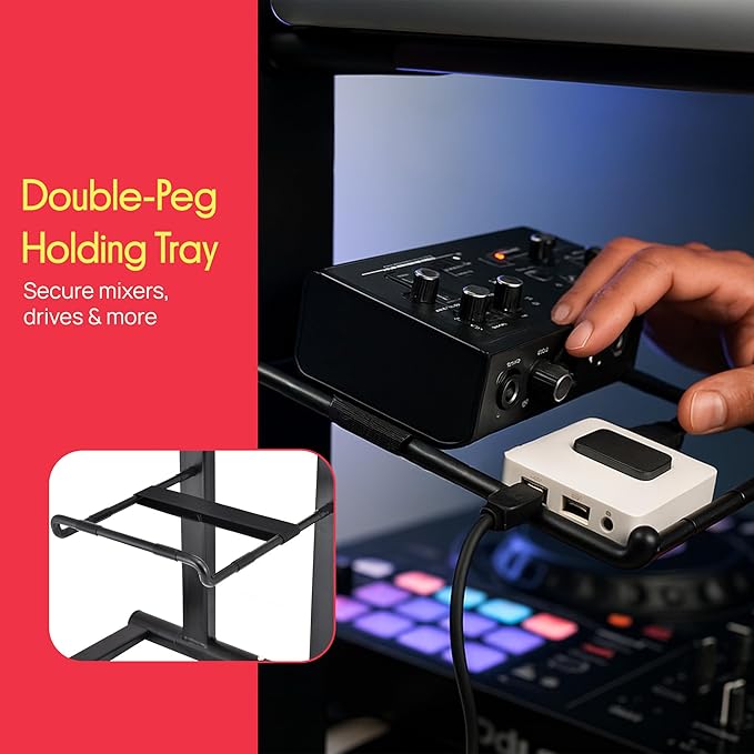 Pyle Portable Folding Laptop Stand - Foldable Laptop Stand with Adjustable Height, Secondary Accessory Tray for iPad, Tablet, DJ Mixer, Workstation, Gaming, Home Use and Carrying Bag Included