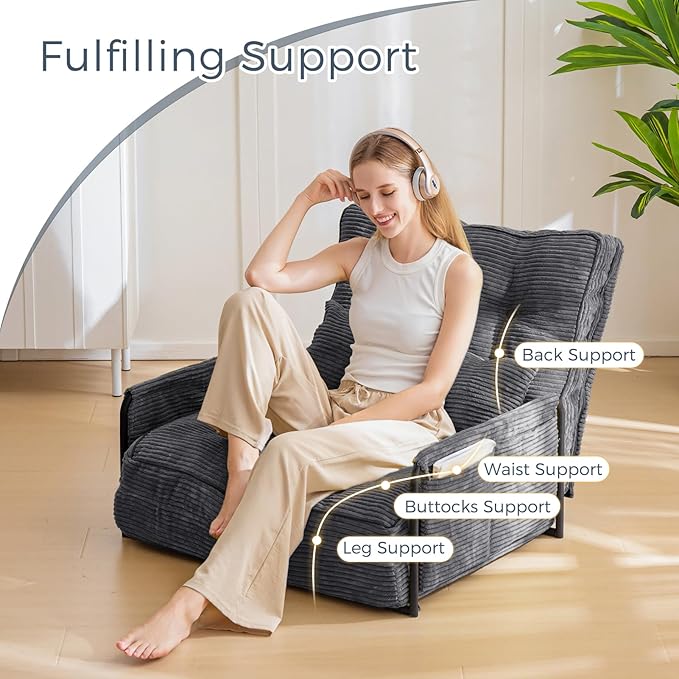 MAXYOYO Adjustable Floor Sofa Couch with Pillow, Multi-Functional Bean Bag Bed, 5-Position Foldable Lazy Sofa Sleeper Bed with Armrest, Versatile Floor Seating for Reading, Dark Grey, Single
