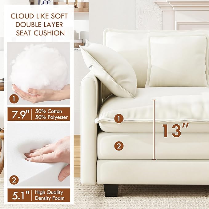 WorthFurni 111.4” Cloud Couch, Modular Sectional Sofa with Ottoman, Comfy Modern 3-Seater Couches with Pillows & Upholstered Deep Seat Cushion for Apartment Living Room Bedroom （Beige）