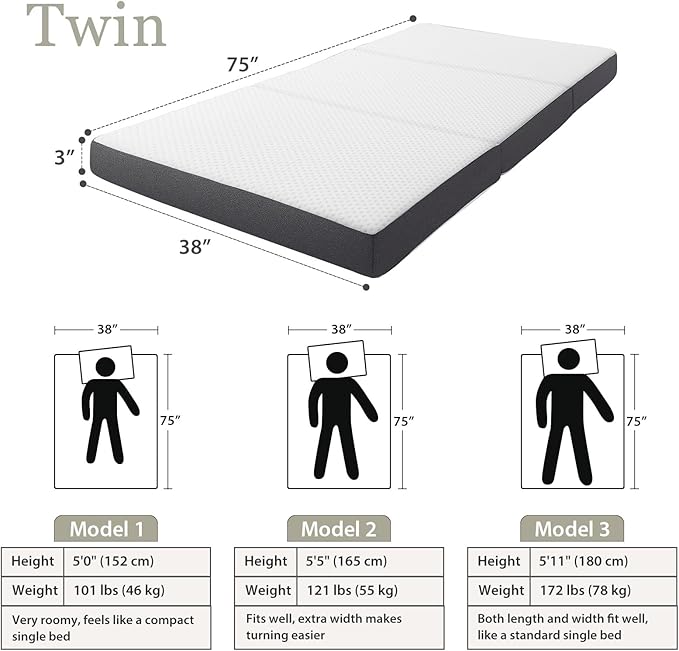 Tri Fold Memory Foam Foldable Mattress Twin, 3 inch Folding Mattress for Guest Sleep. Portable Trifold Mat with Removable Washable Cover, Floor Sleeping Mat for Adult and Kid