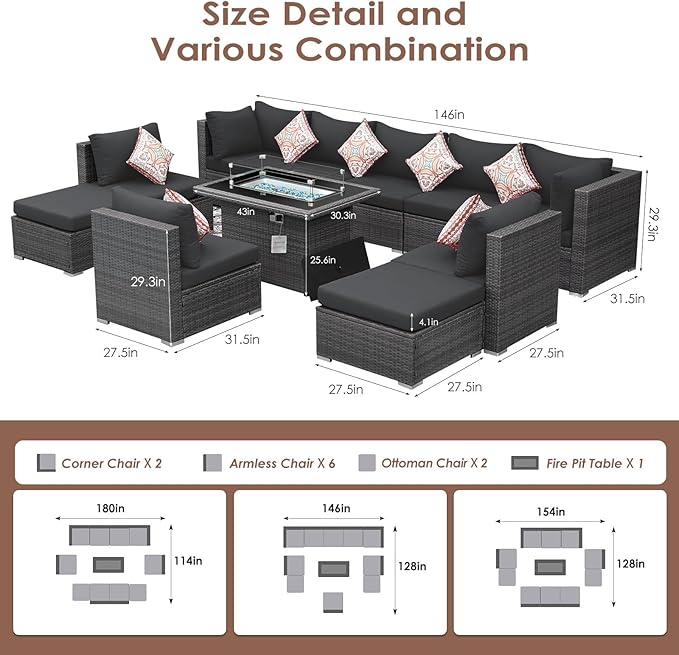 RADIATA 10 Piece Wicker Patio Furniture Set with Fire Pit, All-Weather Outdoor Sectional Couch High Back Large Size, Modular Backyard Seating Sofa Set with Propane/Natural Gas Firepit Table, Dark Grey
