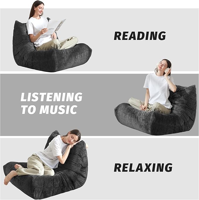Homguava Bean Bag Chair, Giant Beanbag Chairs for Adults, Memory Foam Fireside Chair, Large Lazy Floor Sofa, Sofa Couch with High-Rebound Foam, Lounge Chair for Living Room, Bedroom (Grey, Single)
