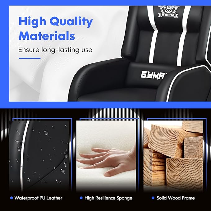 GYMAX Gaming Recliner, Massage Gaming Chair w/Adjustable Footrest, Remote Control & Side Pocket, Ergonomic Game Lounge Chair, Racing Style Single Theater Seat Game Sofa for Adults (White)