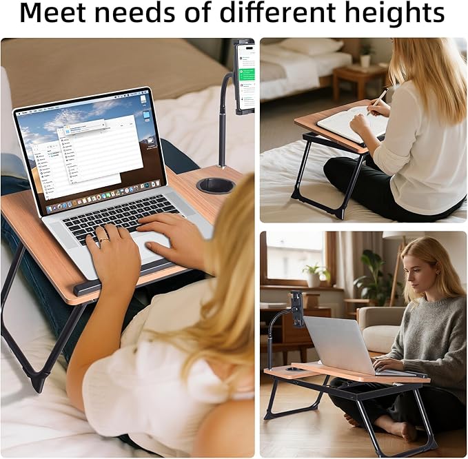 Adjustable Wooden Lap Desk with Flexible Stand, Natural Oak Color, Portable Workstation with Cable Management, Ergonomic Design for Home Office (Wood+Black)