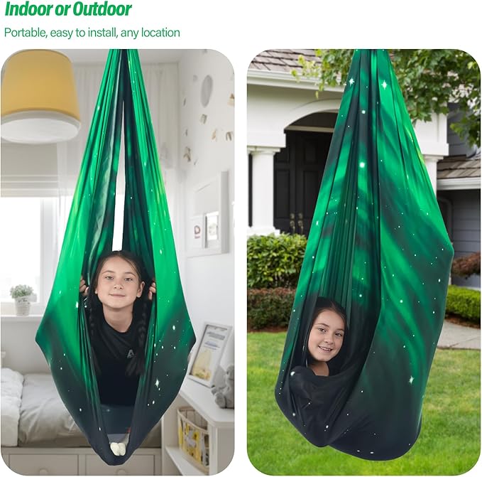 Sensory Swing for Kids Holds up to 300lbs Indoor & Outdoor Therapy Cuddle Swing with Hammock Hooks Hanger Kit for Calming, Effect for Autism, ADHD or SPD. (Space Green)