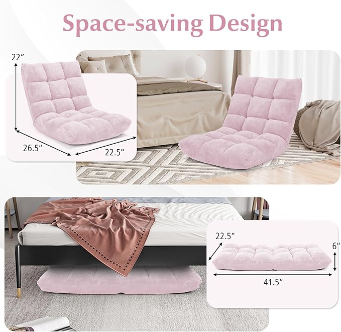 DREAMADE Folding Floor Chair w/Back Support, 14-Position Adjustable Lazy Sofa Chair w/Coral Velvet Fabric & Alloy Steel Frame, Portable Meditation Chair for Reading, Gaming,Sleeping (Light Pink)