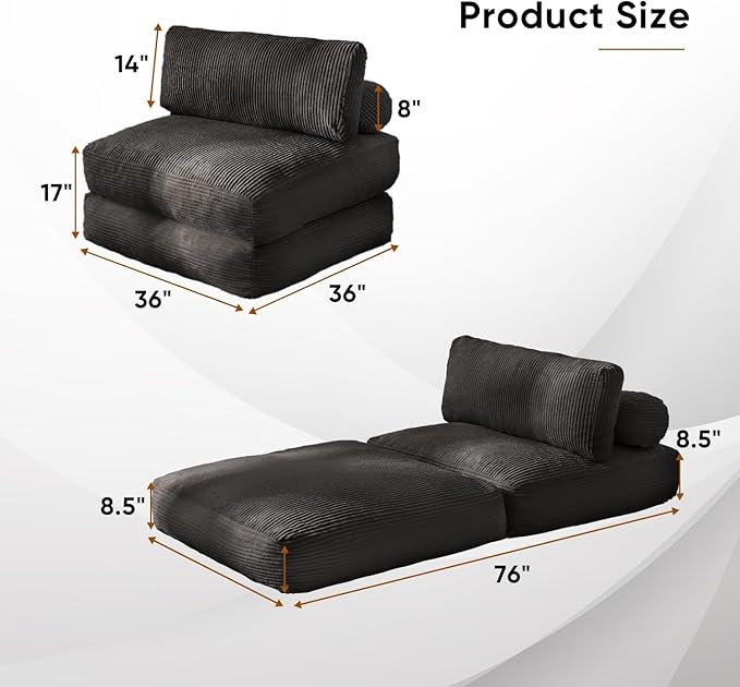 Waxberry Folding Sofa Bed, Convertible Sleeper Chair Couch Bed, Corduroy Upholstered Boneless Sofa for Living Room Bedroom, with Back Support Floor Couch, Black