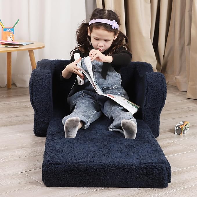 Kids Sofa, 2-in-1 Flip-Out Foam Couch with Soft Sherpa Cover, Cozy Play Lounge Chair, Dark Blue
