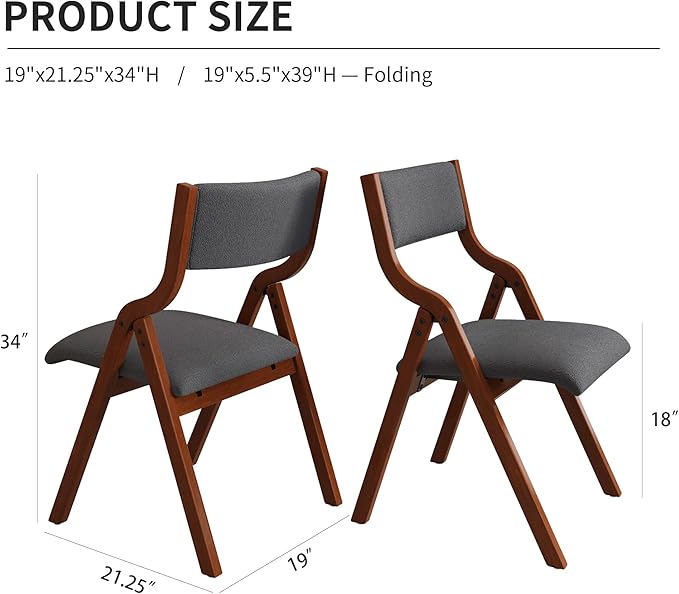 Ball & Cast Padded Folding Chairs 2 Pack,Solid Wood Frame Foldable Dining Chair,18" Seat Height,Space Saving,Easy to Carry Suitable for Kitchen, Bedroom, Light Grey