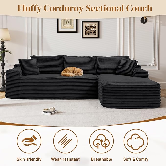 95" Boneless Cloud Sectional Couches for Living Room, Comfy Fluffy L Shaped Memory Foam Deep Seat Boneless Couch, Modular Sectional Sofa with Right Facing Chaise, Black