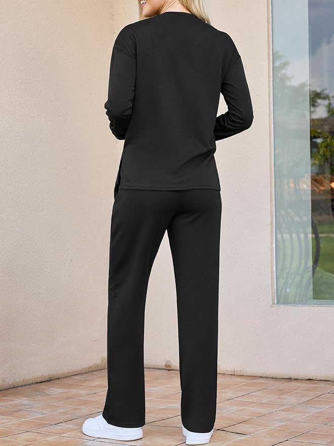 difficort Women's 2 Piece Lounge Sets Casual Travel Airport Outfits Side Slit V-Neck Tops & Wide Leg Pants Matching Set