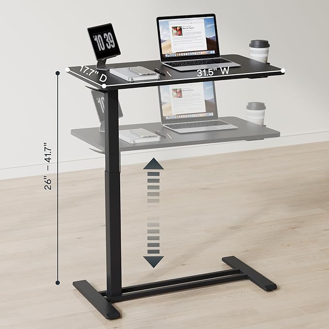 FLEXISPOT H7 Adjustable Overbed Bedside Table with Wheels Pneumatic Mobile Standing Desk Laptop Desk Rolling Computer Cart Movable Overbed Table Hospital Home Use(31.5" W x 17.7" D, Black Large)