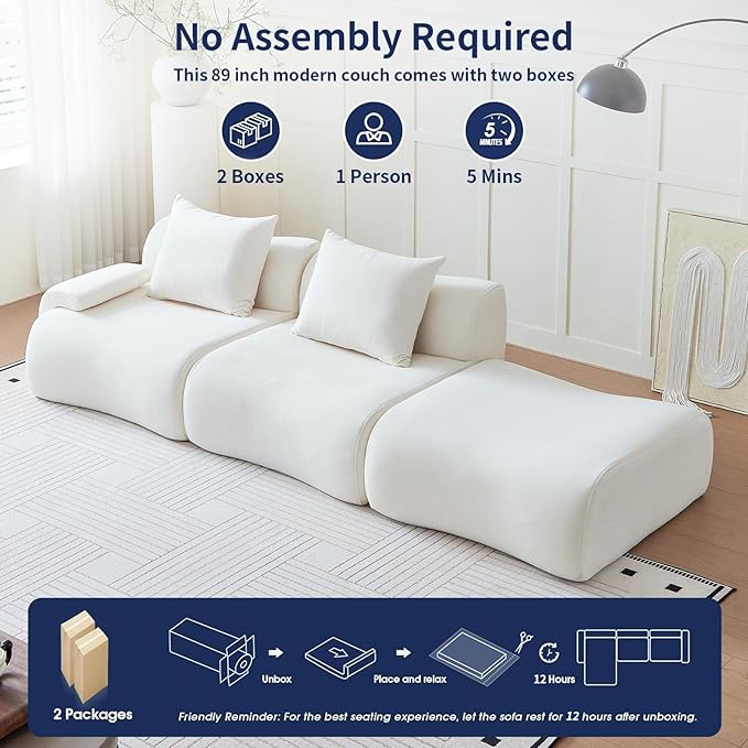 114" Modular Sectional Sofa for Living Room,Boneless Couch in A Box with Ottoman,Memory Foam Sectional Couches for Apartment,Cloud Couch No Assembly Required,White Low -Profile Sofa