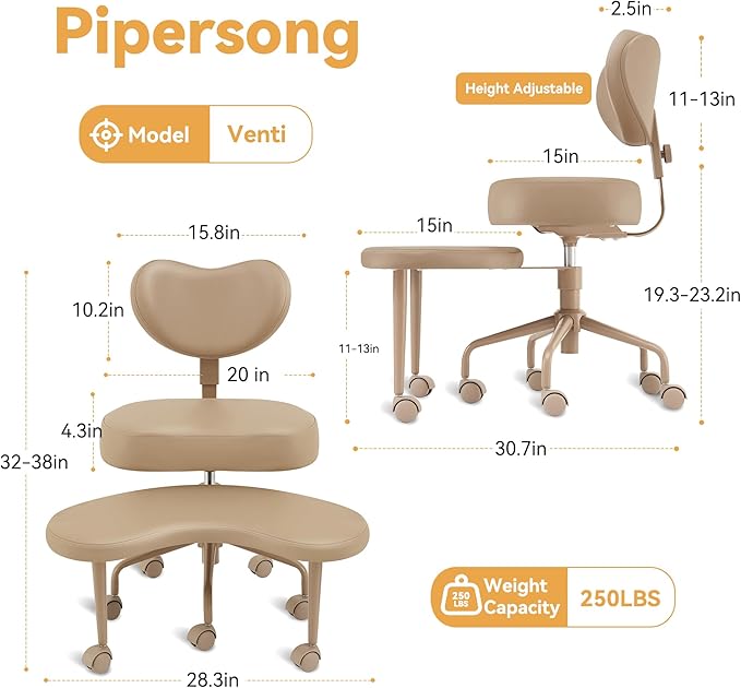 Pipersong Meditation Chair PRO VENTI, Cross Legged Chair with Wheels, ADHD Chair, Criss Cross Desk Chair with Height Adjustable Backrest and Adjustable Stool, Flexible Design for Fidgety Sitters,Black