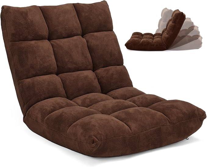Floor Chair with Back Support, Foldling Gaming Sofa Chair with Comfy Cushion, Adjustable 14-Position Meditation Chairs, Lazy Lounge Recliner Reading Seat for Adults, Kids (Brown)