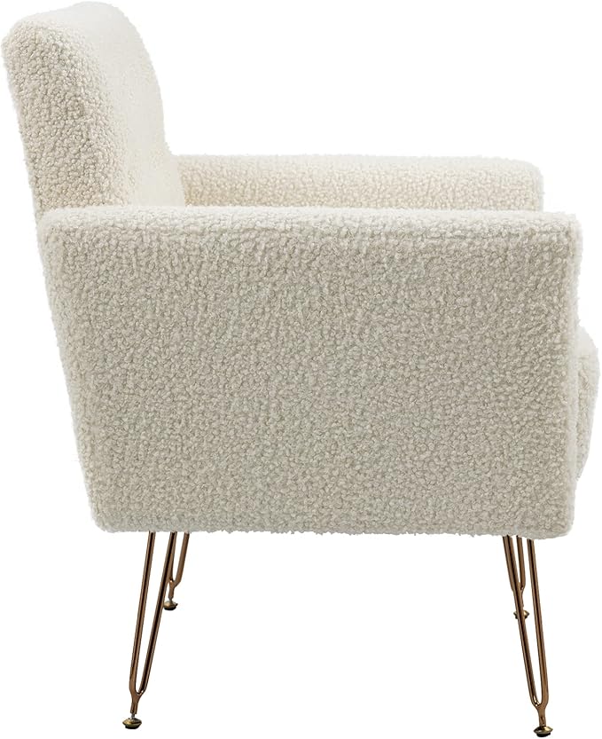 Accent Chair for Living Room, Comfy Oversized Velvet Upholstered Arm Chairs, Mid Century Modern Reading Single Sofa Side Chair with Tufted Back and Gold Legs for Bedroom (1, Teddy White)