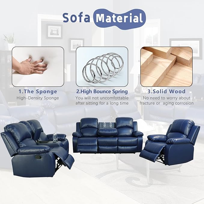 AYCP Bonded Leather 3-Piece Sofa Set, Blue, Manual Recline, Loveseat, Storage, Coffee Table, Artificial Leather, Living Room