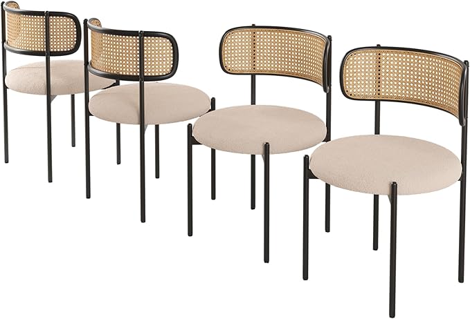 Farini Modern Upholstered Dining Chairs, Set of 2, Rattan Back Kitchen Chairs with Metal Legs, Light Brown