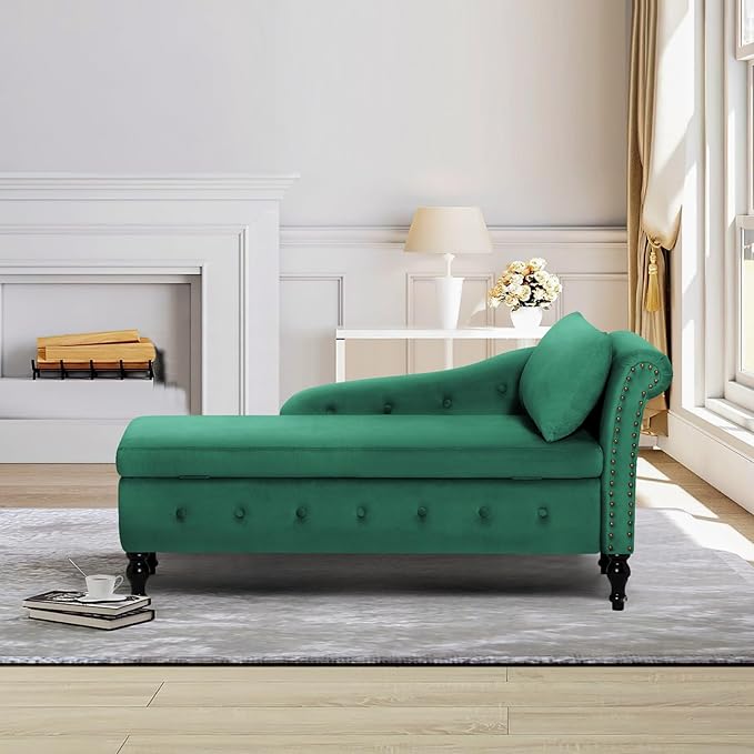 ACMEASE Chaise Lounge with Right Armrest & Lumbar Pillow,Button Tufted Lounge Sofa with Storage,Lounge Chair Indoor,Modern Upholstered Velvet Lounge Chair for Bedroom, Living Room and Office,Green