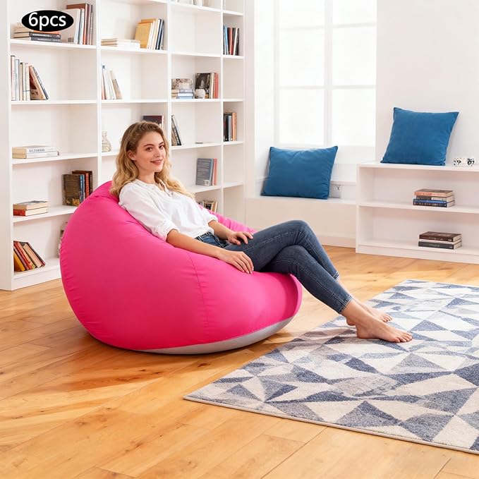 6 Pcs Bean Bag Chairs for Adults, Pink Inflatable Chairs with Foot Pump, Folding Blow Up Couch, Flocking Portable Lazy Sofa for Movie Night, Living Room, Camping, 220lbs Load Capacity