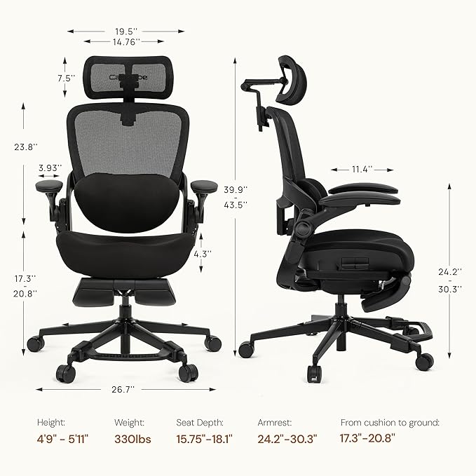 CabLady S2 Petite Ergonomic Office Chair for Women, Small Frame Desk Chair with Adjustable Lumbar, Headrest & Footrest, Space-Saving Flip-Up Armrests