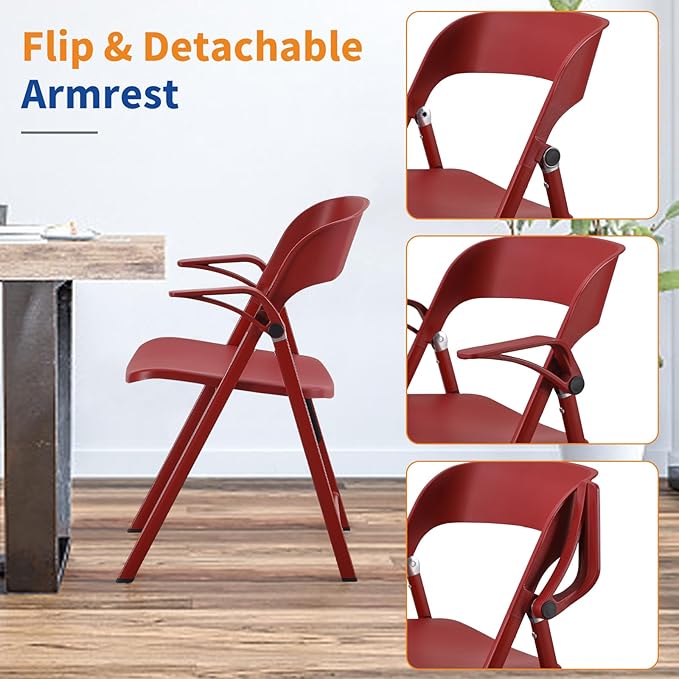 Office Chair Adjustable Arms, Plastic Folding Chairs for Outside, Collapsible Dining Chairs, Portable Foldable Chair for Indoor, Outdoor, Wedding, Party, Office, Balcony, Garden (Red, 2Pack)