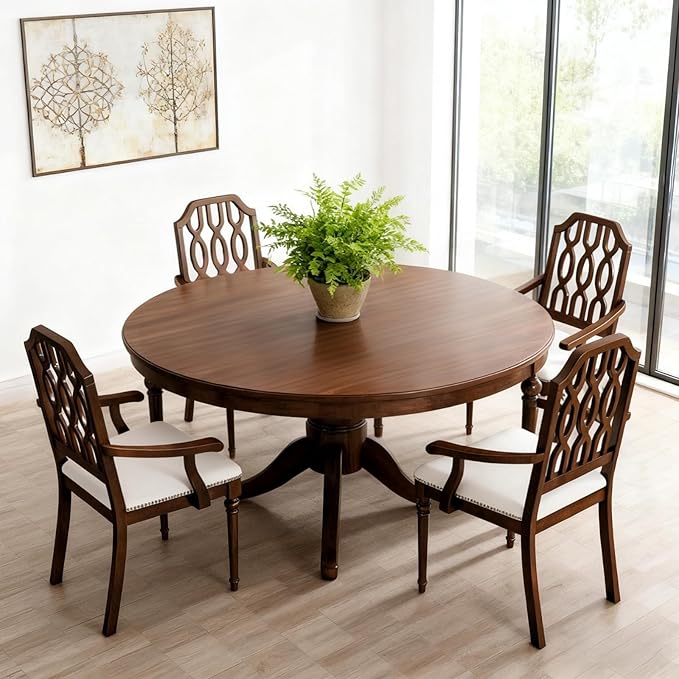 chairus Farmhouse Dining Chairs Set of 6, French Country Vintage Wooden Dining Room Chairs with Arm, Lattice Back & Turned Legs, Rustic Chenille Upholstered Nailhead Trim Kitchen Chairs, Walnut Brown