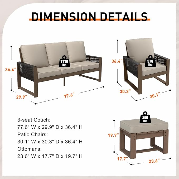 INTER HUT Rustic Hideaway Natural Cedar Wood Outdoor Furniture Set, Wicker Patio Conversation Set for Porch Garden Backyard, Couch, 2 Patio Chairs and 2 Ottomans, 5 Piece, Brownish/Beige