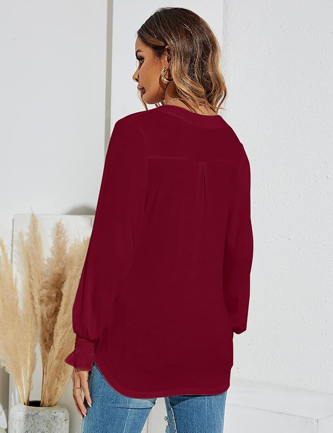 Romanstii Women's Casual V-Neck T-Shirts Loose Puff Long Sleeve Tops Tunic Blouses