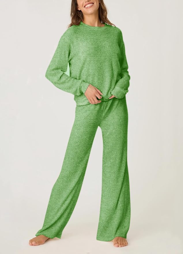 Aamikast Women's 2-Piece Lounge Set Soft Brushed Jersey Sleepwear Pajamas Set Long Sleeve Top & Wide Leg Pants