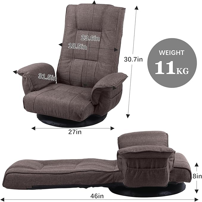 FLOGUOR 360 Swivel Gaming Chair 14-Position Adjustable Folding Floor Sofa with Armrests Lounger Bed for Home & Living Room Chaise Lounge Indoor for Adults QL201CO