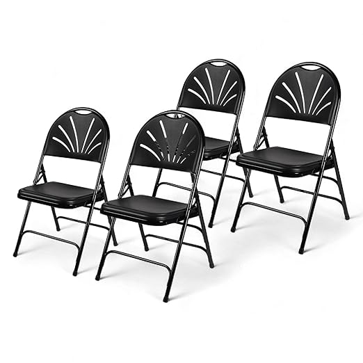OEF Furnishings OEF1100 Series Premium Heavy-Duty Plastic Folding Chairs, Commercial Fanback Event Chairs with Triple Brace and 500 lb Capacity (4-Pack, Black Plastic with Black Frame)