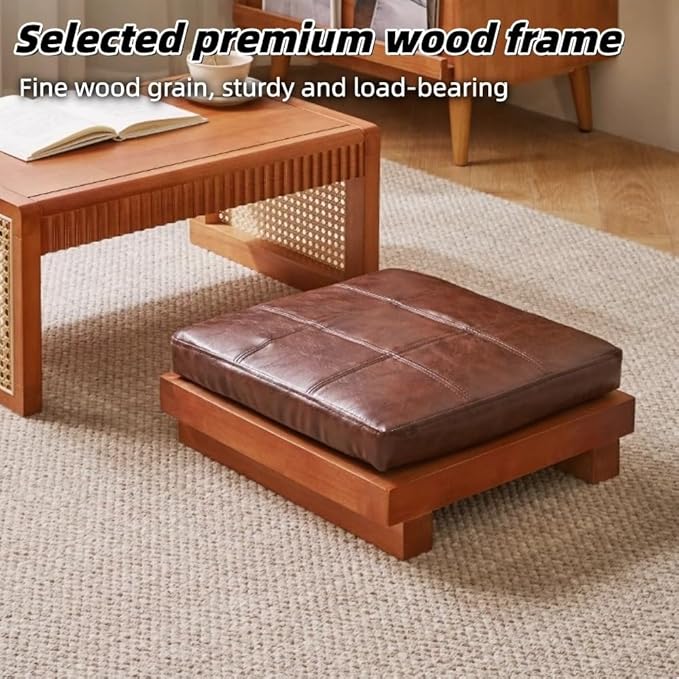 VZMEXOI Wooden Small Seating with Cushion, Low Meditation Seat, Single Sofa Floor Chair, Bay Window Sitting Chair, Floor Cushions for Living Room Relaxation(15.7"*15.7")