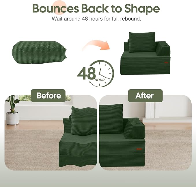 COMAX Folding Sofa Bed, Foldable Couch for Bedroom, Corduroy Convertible Floor Sleeper Futon Chair Foam, 3 in 1 Fold Out Chair Portable Comfy Lounge Couch Single Sofa Bed for Small Space Guest Room