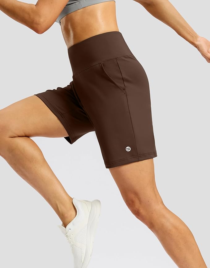 Women's Athletic Shorts with Zipper Pocket 7" High Waisted Stretchy Bermuda Shorts for Women Workout Running Casual