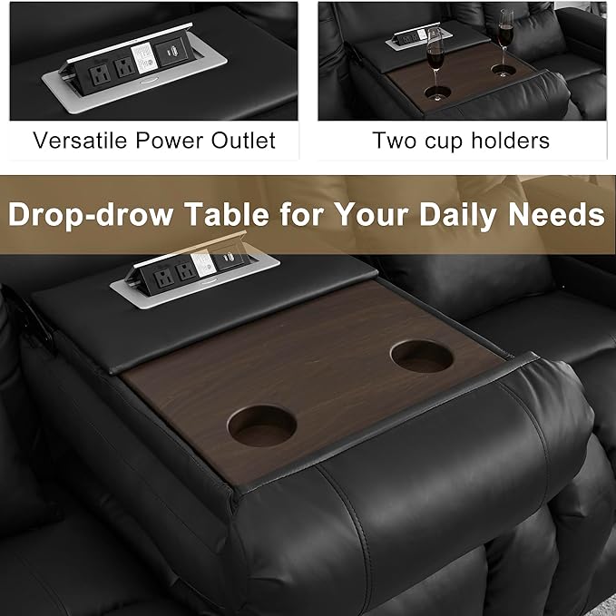 URRED Loveseat Recliner Sofa with Massage and Heat, Power Reclining Loveseat Sofa RV Couch with Console and Middle Seat, 3-Seater Home Theater Seating with LED Lights, Faux Leather, Black