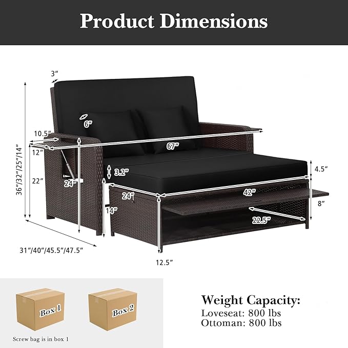 RELAX4LIFE Wicker Patio Outdoor Daybed - Rattan Day Bed Lounger with Loveseat & Storage Ottoman, Sunbed Sofa Set w/Cushions, 4-Level Adjustable Backrest & 2 Retractable Trays, Patio Daybed (Black)