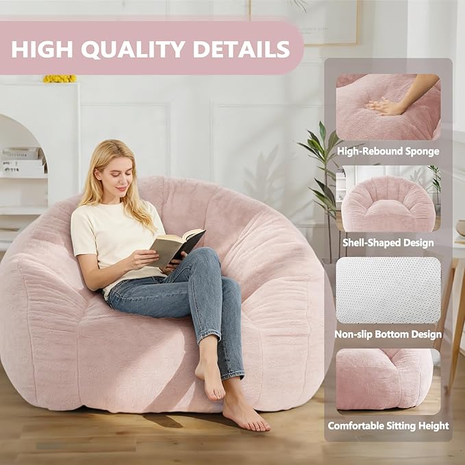 Bean Bag Chair for Adults, Soft Faux Fur Giant Beanbag Chairs, Oversized Cozy Bean Bag Couch Large Reading Chair, Comfy Bean Bag Sofa for Living Room, Bedroom & Dorm, Dusty Pink