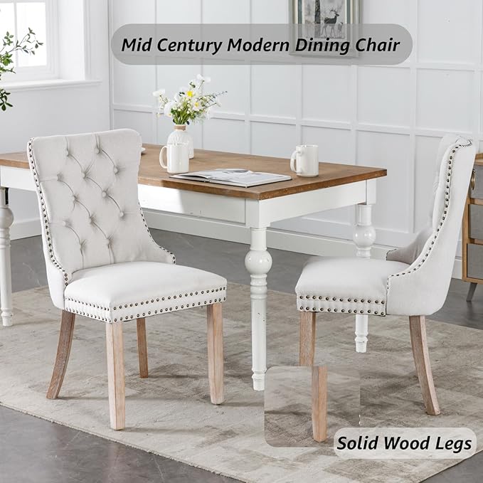 YeahFurn Beige Mid Century Modern Dining Chairs Set of 4, Linen Upholstered Kitchen & Dining Room Chairs with Nailhead Trim & Solid Wood Legs, Elegant Sillas De Comedor (Beige, 4 Pcs)