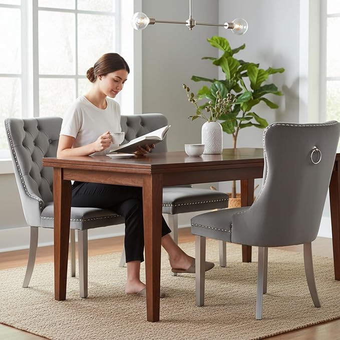 YeahFurn Mid Century Modern Dining Chairs Set of 6, Grey Velvet Upholstered Tufted Back, Kitchen & Dining Room Chairs, Brushed Silver Metal Legs, Nailhead Trim, Sillas para Comedor (Gray, 6 Pcs)
