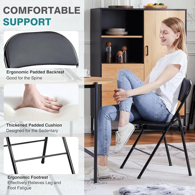 Padded Folding Chairs Set of 2, Portable Stackable Acrylic with Cushion for Outdoor Activities, Indoor Gatherings, Living Rooms and Office Meetings, Black