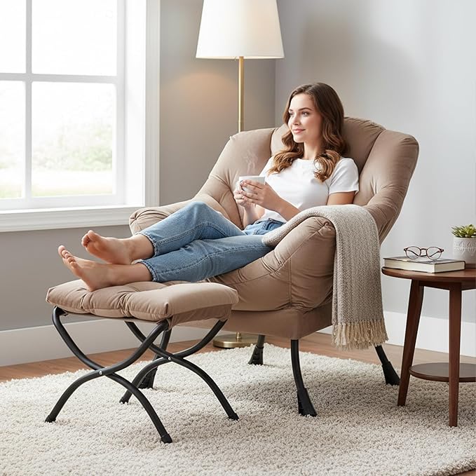 Welnow Lazy Chair with Ottoman, Modern Lounge Accent Chair with Armrests and a Side Pocket, Leisure Sofa Chair Set, Reading Chair with Footrest for Small Space, Corner Chair, Dark Brown