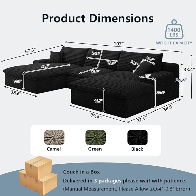 107" Cloud Sectional Couch with U-Shaped Chaise,Corduroy Viral Boneless Sofa with Ottoman,Memory Foam Couches in a Box with Deep Seat for Living Room,No Assembly Required(Jet Black,Left-Facing Chaise)