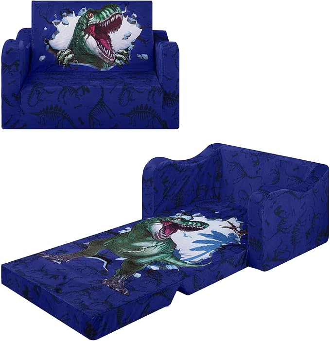 alldomess Comfy Kids Couch, 2-in-1 Folding Kids Sofa Bed for Toddler Boys, Convertible Sofa to Lounger Toddler Couch Chair for Baby Bedroom Playroom Nursery,Roaring Dinosaur